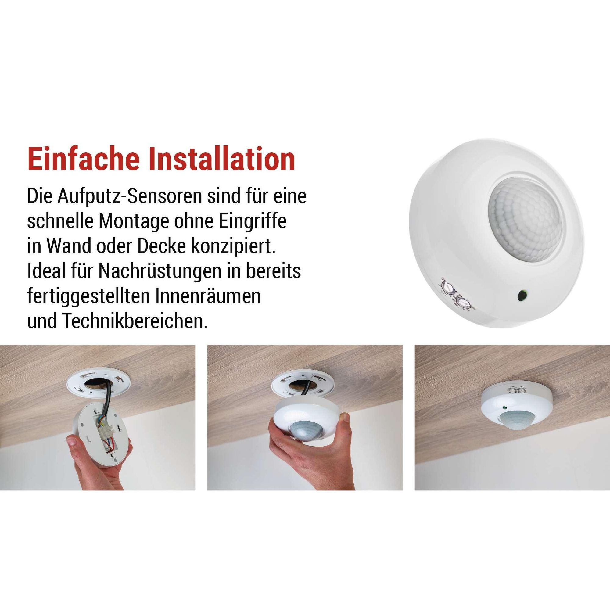EMOS Infrarot-Bewegungsmelder Aufputz für Innen, Reichweite 3m, Erfassungsbereich 6m/360°, einstellbare Leuchtdauer und Empfindlichkeit, Weiß, GS11111