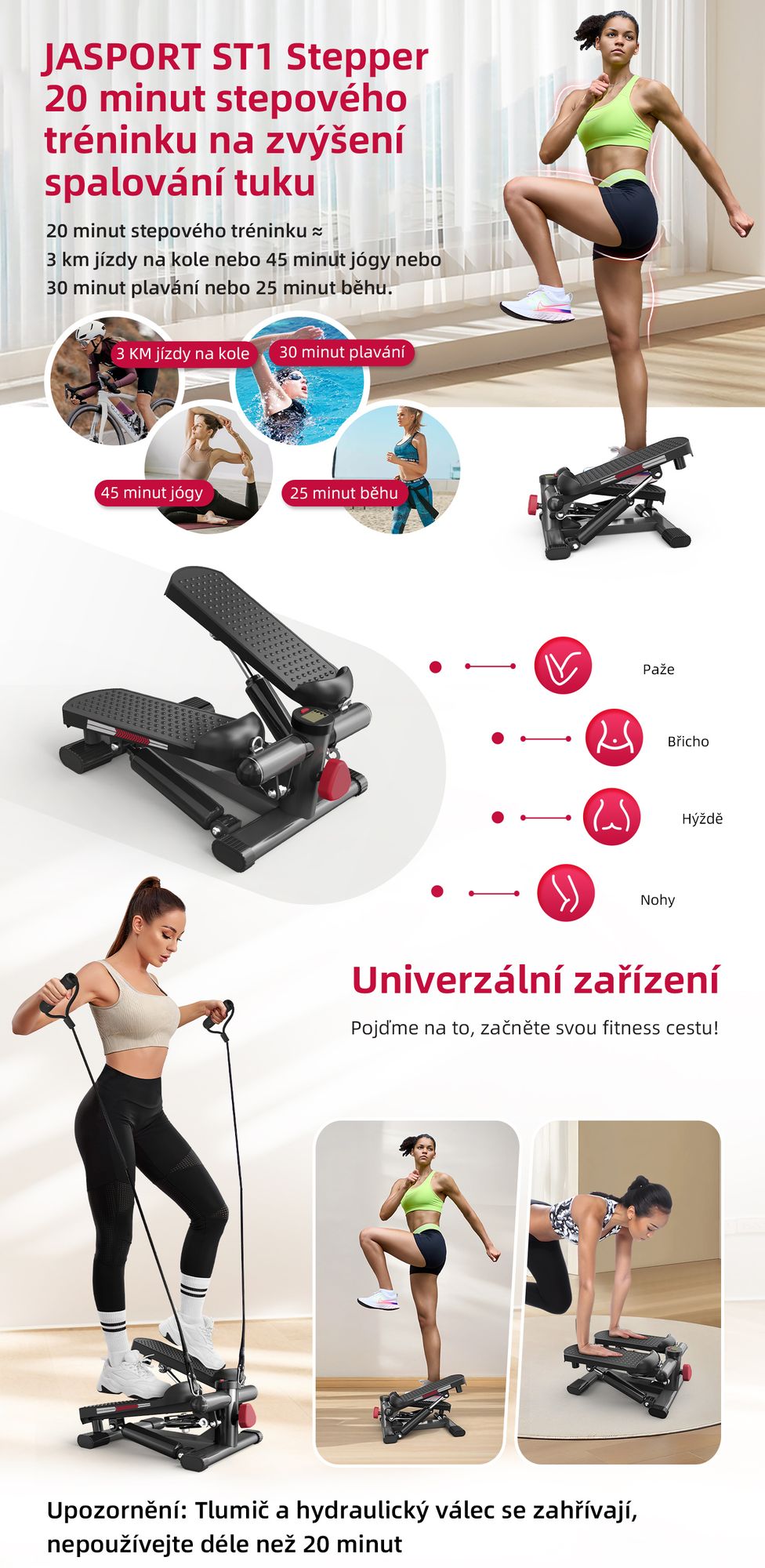 JASPORT ST1 mini stepper, 2 v 1 s napájecími kabely, LCD displej, nastavitelný odpor, pro trénink nohou a rukou, tichý a kompaktní, max. zatížení 100