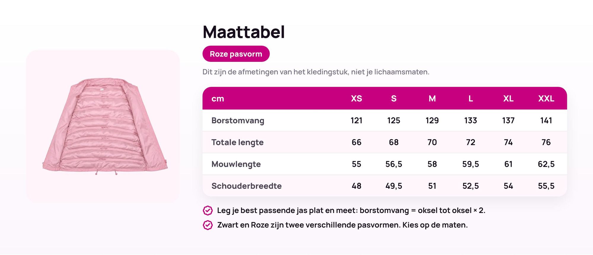 Maattabel Ryanwear Inpakjas: borstomvang, lengte, mouwlengte en schouderbreedte in cm