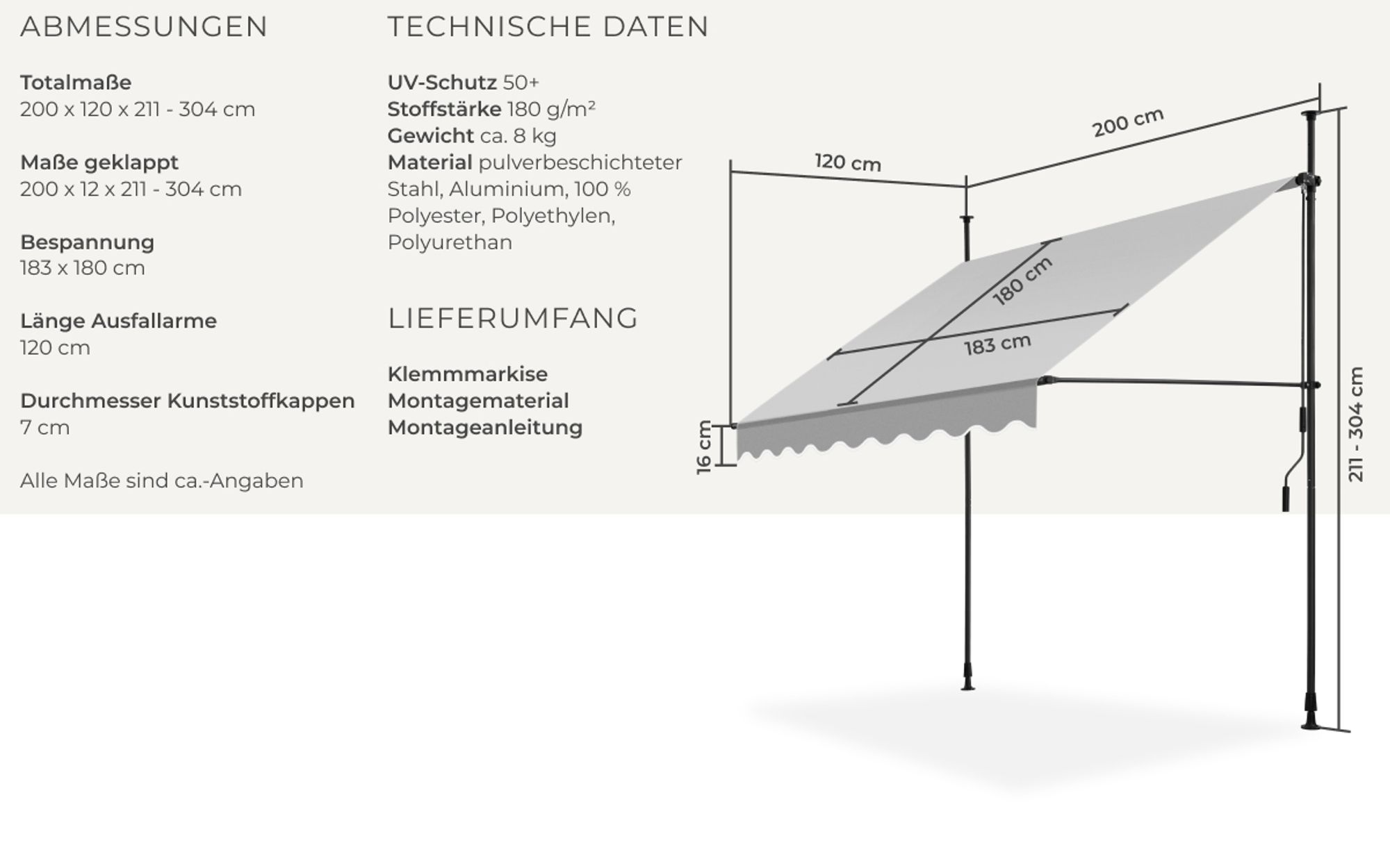 tectake® Klemmmarkise mit Handkurbel einfache Montage