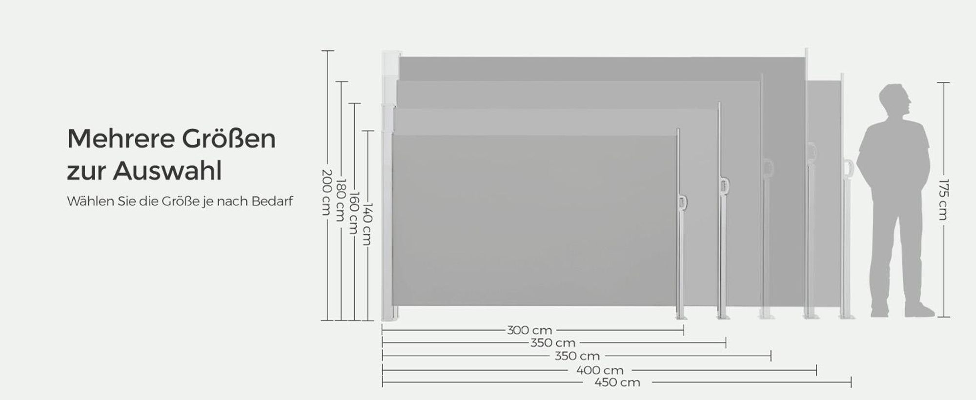 SONGMICS Seitenmarkise mit Stahl-Kasten, rostbeständig, ausziehbar, 140 x 300 cm, Sichtschutz, Sonnenschutz