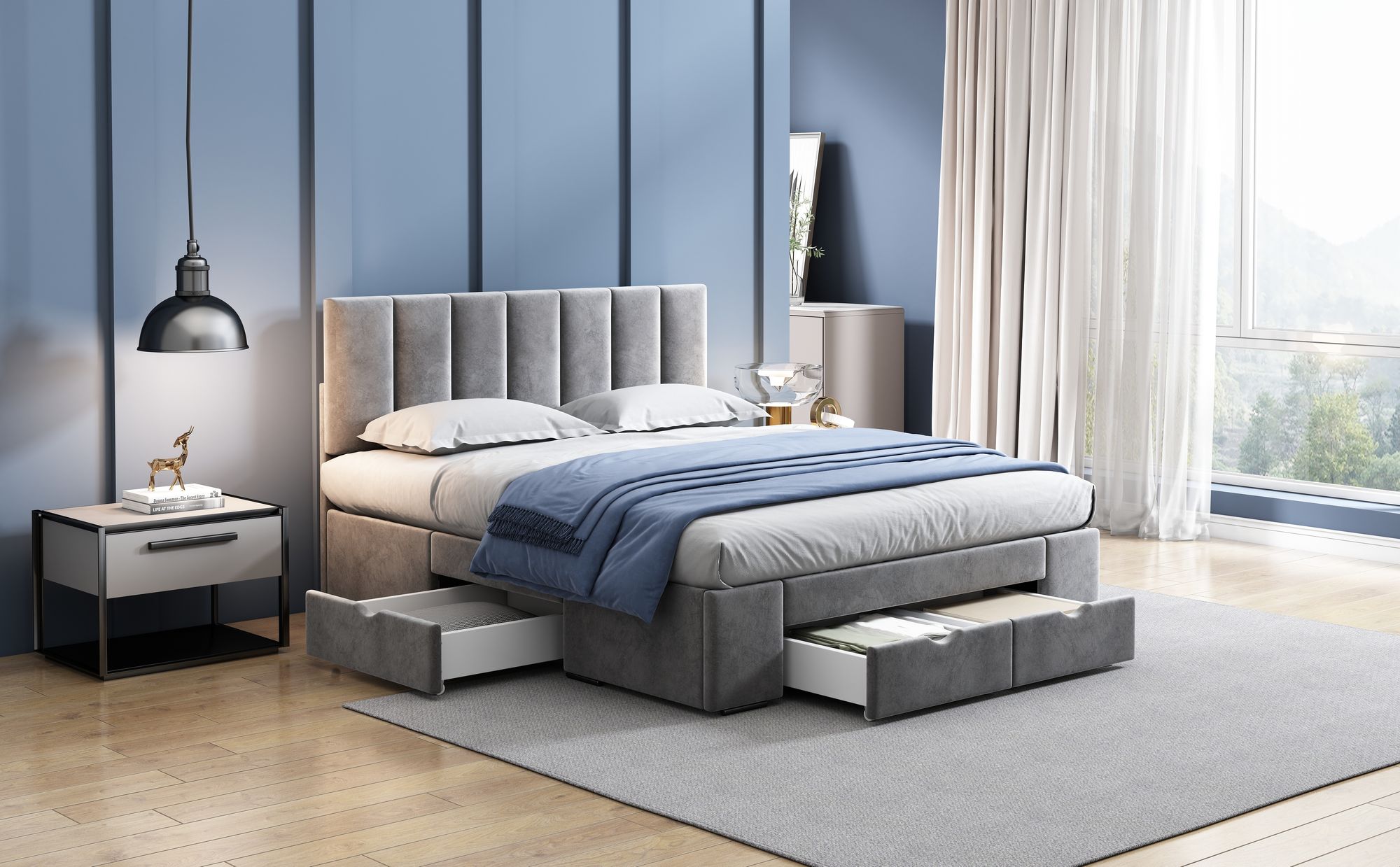 MODFU Polsterbetten 140x200cm mit 4 Schubladen und Lattenrost, Funktionsbett Stauraumbett Doppelbett(Ohne Matratze),Grau