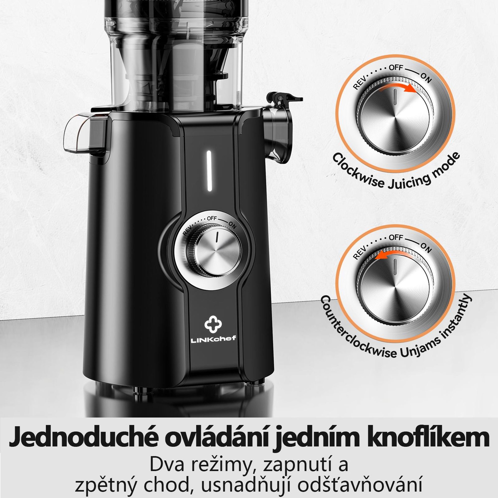 LINKChef SJ-051-EU-BL Pomalý odšťavňovač -  CE 200W Výkon 1.2L Velká kapacita Dva plnicí zásobníky Snadné čištění - černá