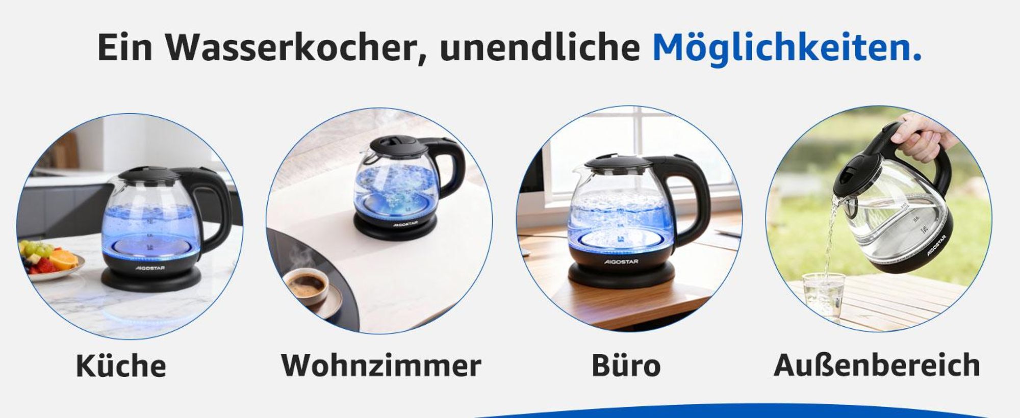Aigostar - Kleiner wasserkocher glas mit led-beleuchtung, 1 Liter, 2200W