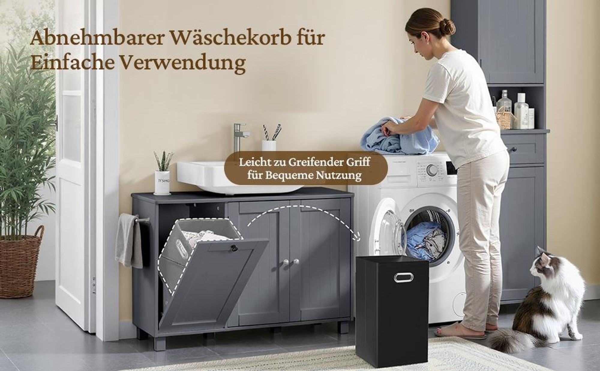 Yaheetech Waschbeckenunterschrank mit Wäschekorb, Badezimmerschrank, 3 Türen, Unterschrank für Bad, Dunkelgrau