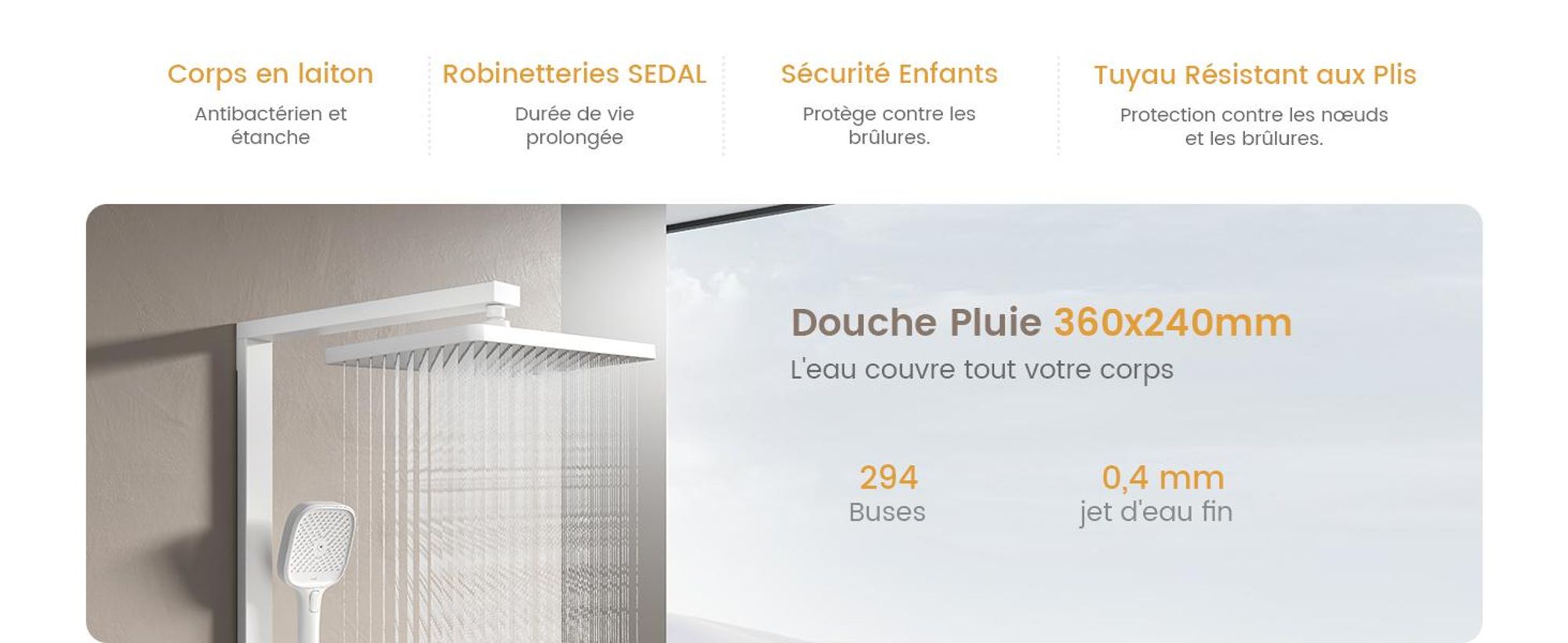 EMKE Système de douche avec thermostat Colonne de douche blanche avec 360×240mm douche à effet pluie carrée, bec de baignoire, régulateur de débit & tablette en verre F27