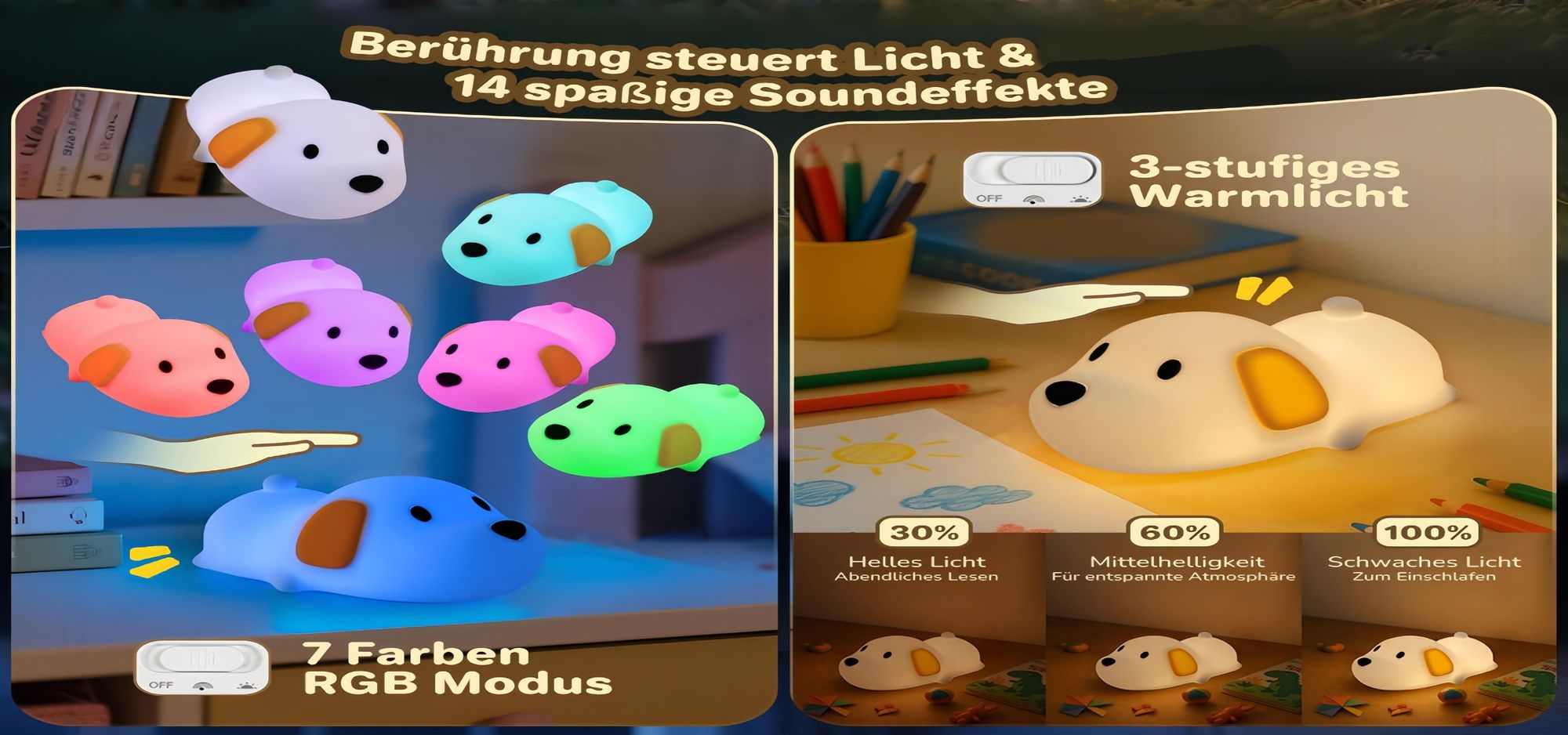 LED Nachtlicht Silikon Hund Touch Nachtlampe USB-Aufladung mit Timer,RGB,Schlaflicht Kinderzimmer tragbare Schlafhilfe Stilllicht,Geschenke für Kinder