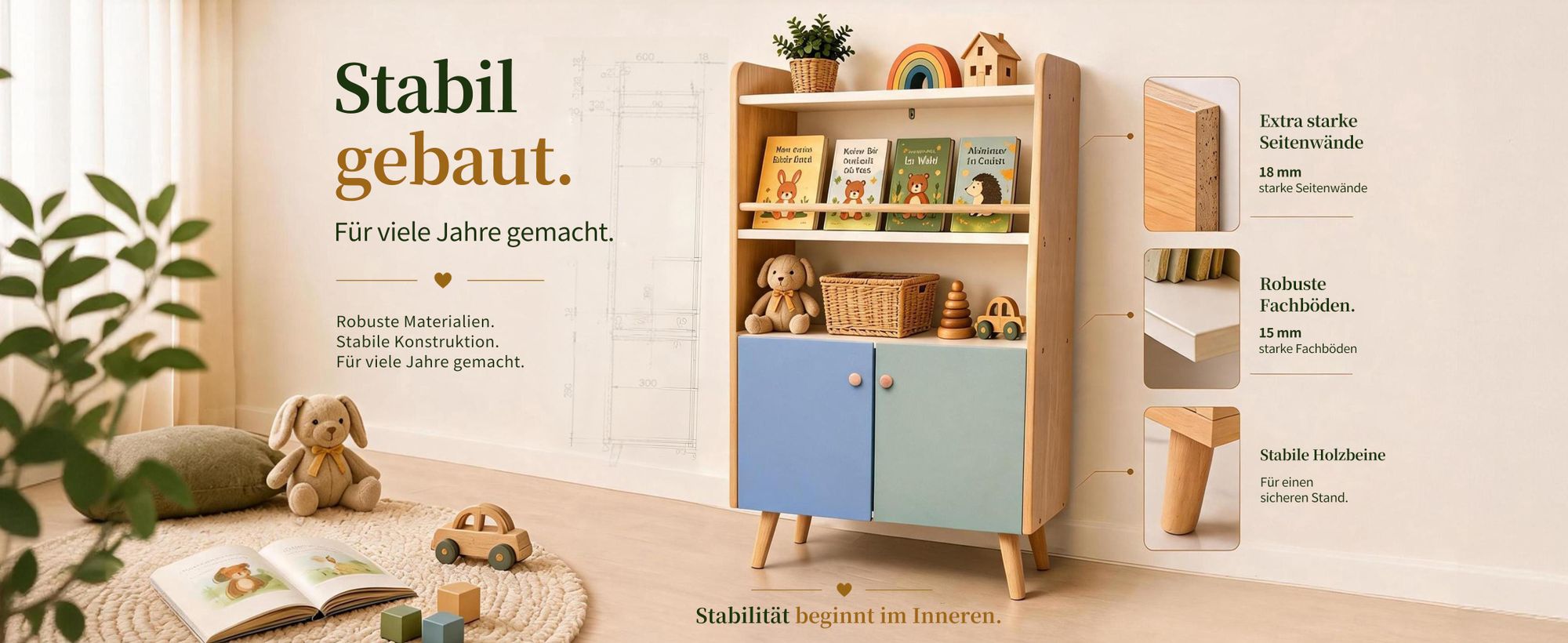 ALVIX Kinderregal NESTA 4 mit 2 Türen, Montessori Bücherregal für Kinder mit Buchablage, Spielzeugregal und Aufbewahrungsschrank mit Kippschutz