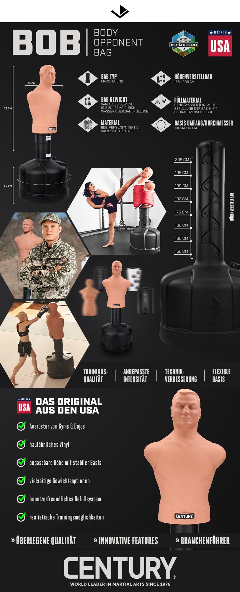 Trainingsdummy, Century, BOB Standard, ca. 120–200 cm, freistehend, hautfarben, höhenverstellbar