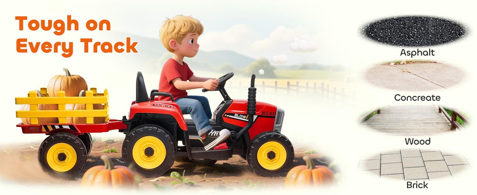 HOMCOM Elektryczny traktor dla dzieci z funkcją odtwarzacza MP3, prędkość 3–6 km/h, kolor czerwony