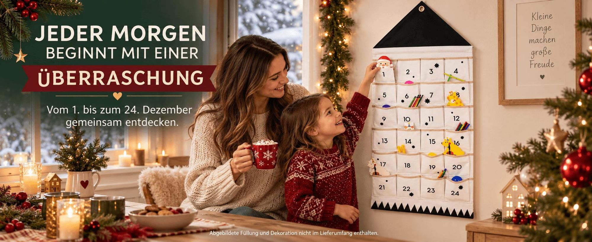 Adventskalender zum Aufhängen, 24 Taschen Stoff, befüllbar, Weihnachtsdeko, wiederverwendbar