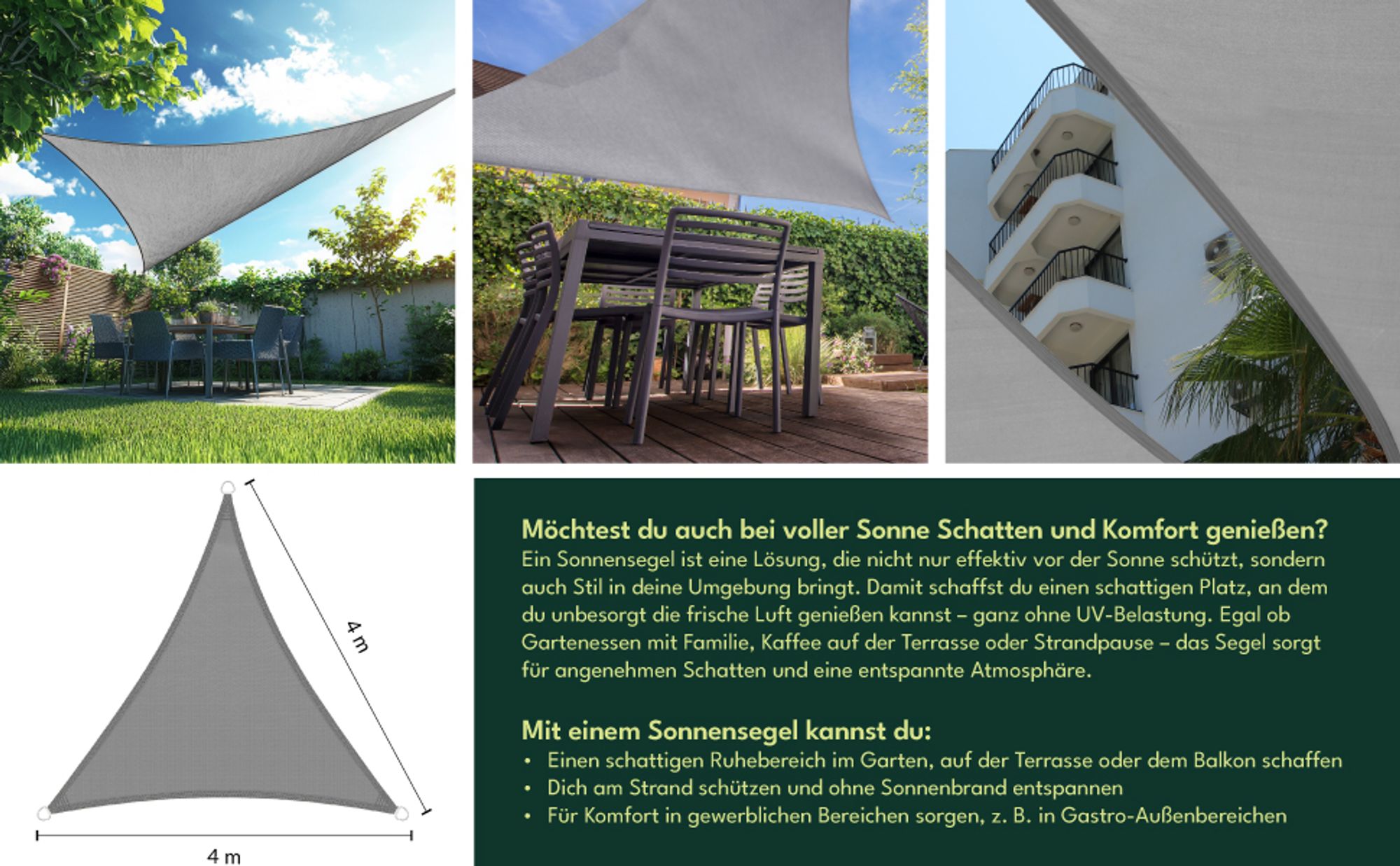 KRUMAD Sonnensegel Dreieck 4x4 m Grau Sonnenschutz Wasserabweisendes UV Wetterfest mit Befestigungsseilen