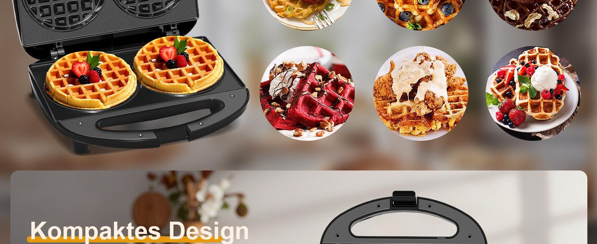 YASHE Mini-Doppelwaffeleisen ABS07-B, 750 W, Antihaft, Schwarz