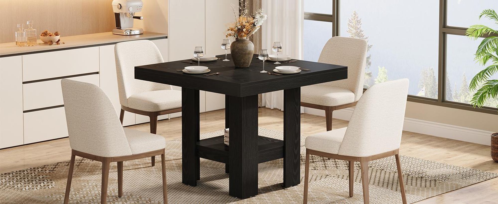 80 cm großer quadratischer Esstisch für 4 Personen, Küchentisch mit Ablagefach, Esszimmermöbel für Wohnzimmer und Restaurants, schwarz