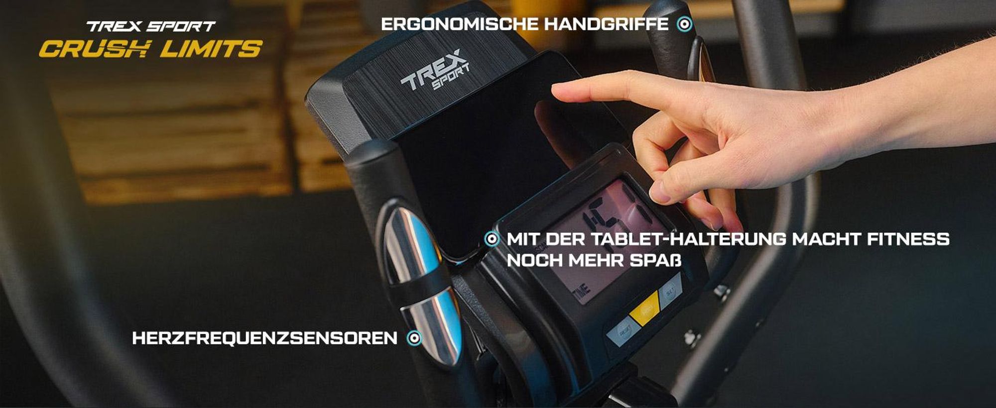TREX SPORT Crosstrainer für zuhause TX-400CT DASH | Ellipsentrainer 10-stufiger Widerstand, Pulssensoren, Display, Tablet-Halterung | leise, bis 120kg