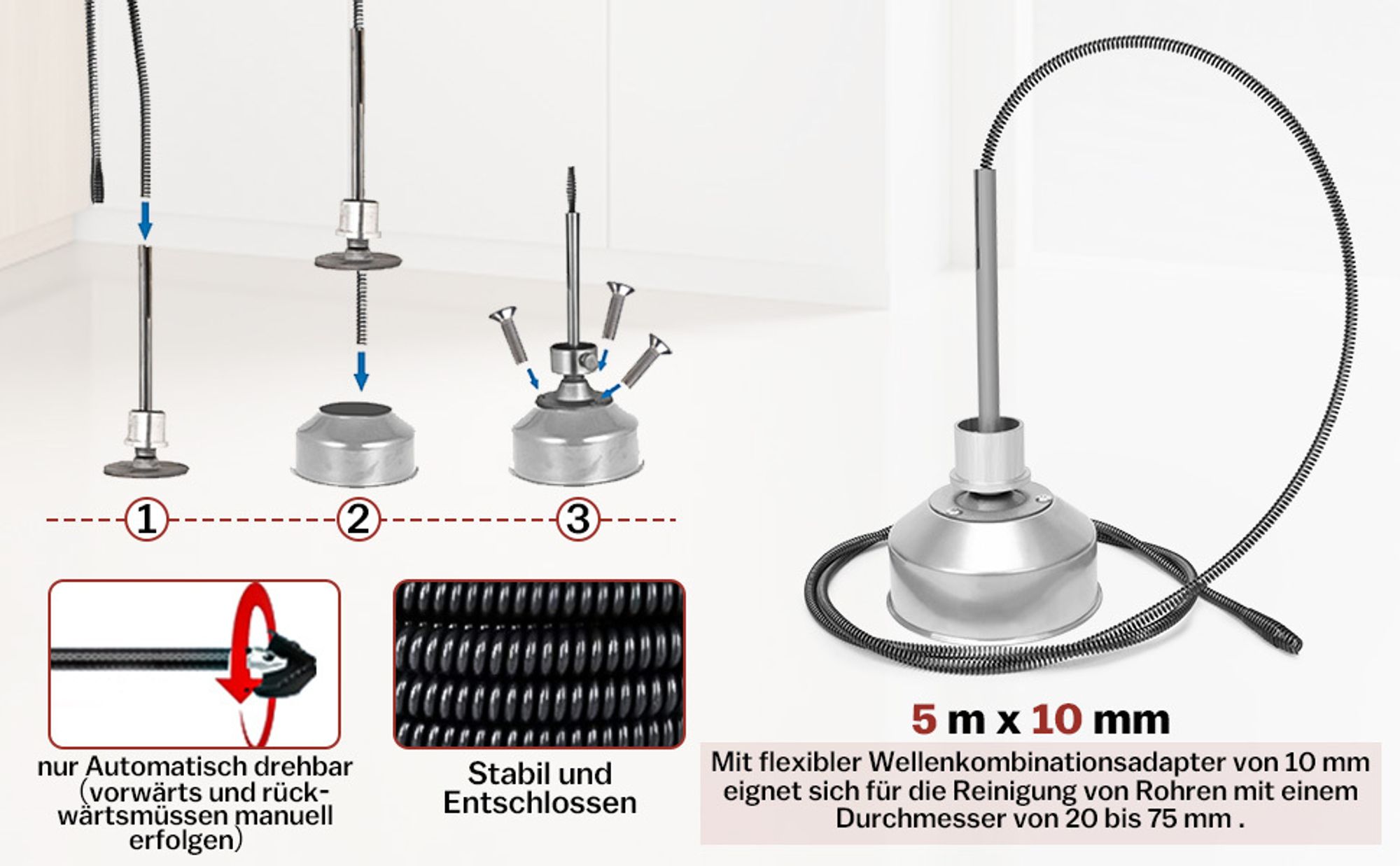 Rohrreinigungsmaschine 850W mit 21m Ø22mm,14.5m Ø16mm, 5m Ø10mm Spirale für Ø20-200mm, Rohrreinigungsgerät 450U/M Elektrische Abflussreiniger