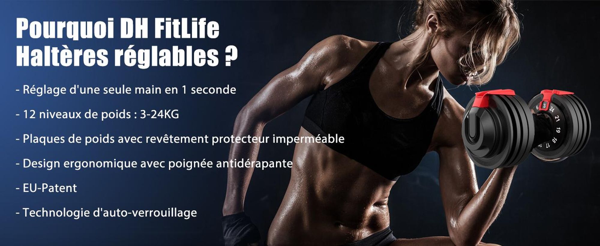 DH FitLife Haltères Réglables 3 à 24 KG, Ensemble 12 en 1 pour Musculation, Poids Variables et Compacts, 1 pièce