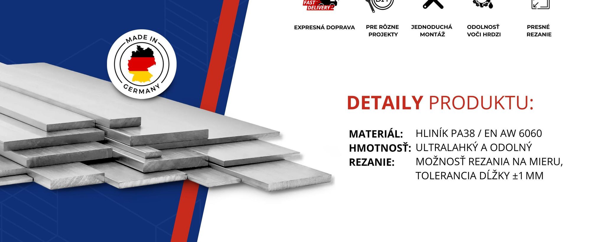 Plochá hliníková tyč 40x2 mm 200 cm Hliníkový profil + rezaný na mieru