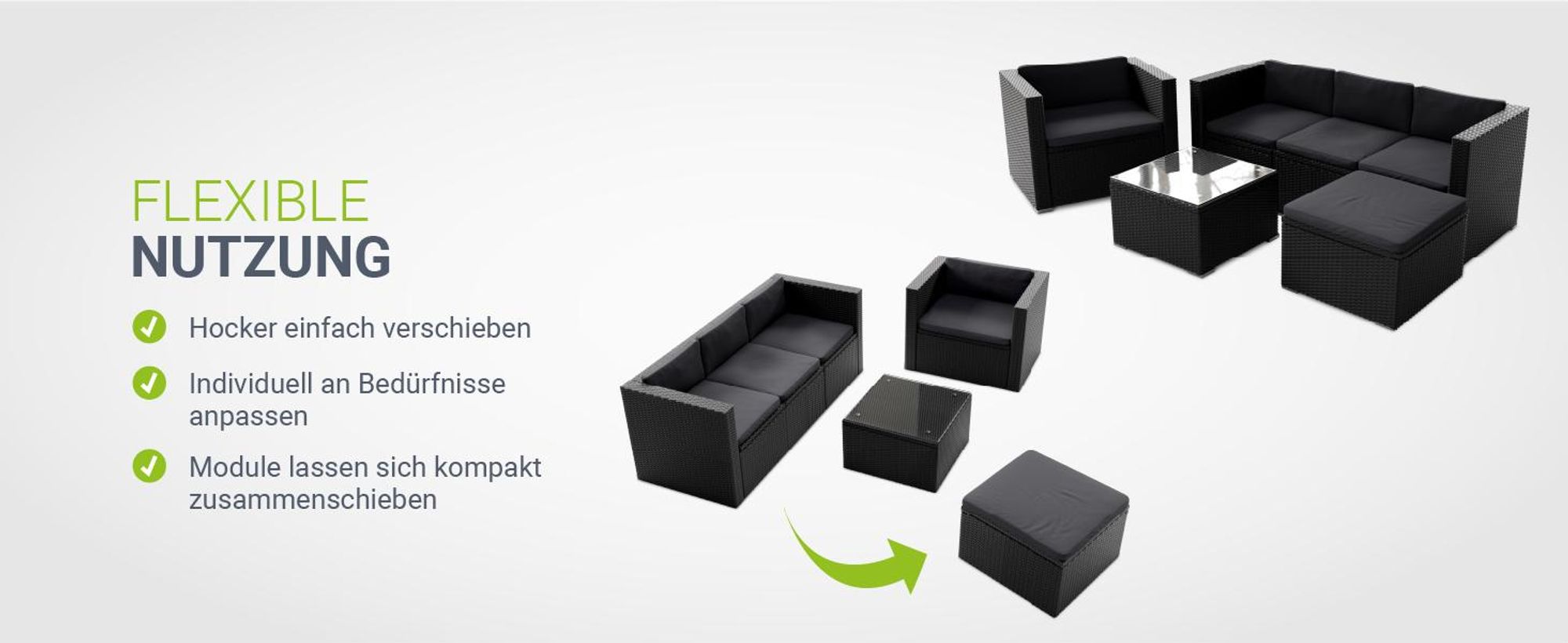 Juskys Polyrattan Lounge Punta Cana L schwarz – Gartenlounge Set 4-5 Personen – Sitzgruppe mit Sessel, Sofa, Tisch & Hocker - Sitzbezüge Dunkelgrau
