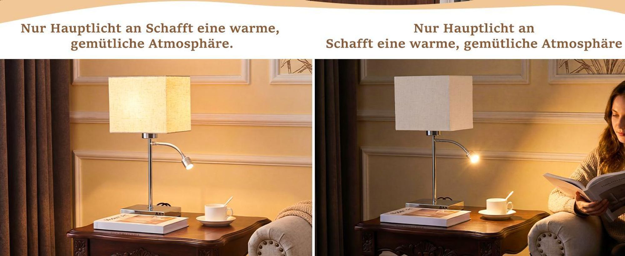 ZMH Tischlampe mit kabel Nachttischlampe 360°Schwenkbar Leselampe Stoffschirm E27 Tischleuchte mit separatem Schalter Nachttischleuchte für Wohnzimmer