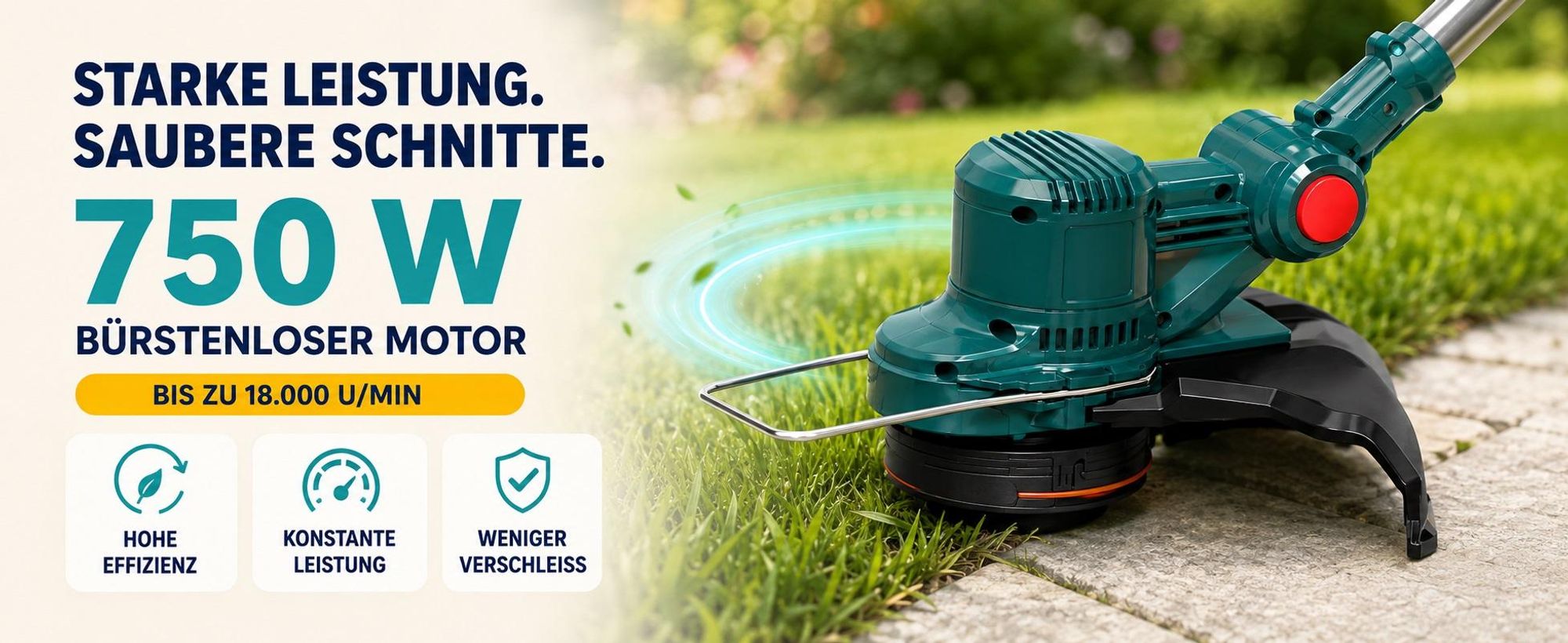 750W Akku Rasentrimmer mit 2× 4000mAh Akku 21V, Bürstenloser Motor Rasentrimmer mit Unkrautbürste, Freischneider mit Akkus & Ladegerät
