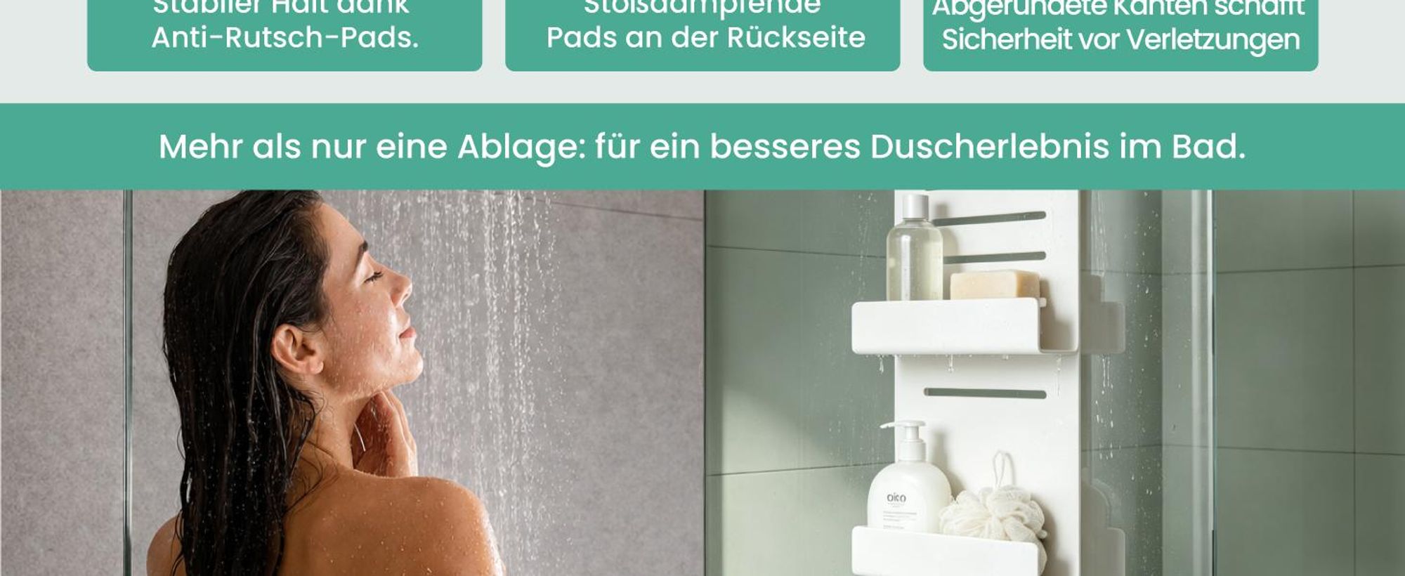 Mai & Mai Duschablage zum Hängen, Duschregal Ohne Bohren für Glasduschtüren, Hängeregal mit 2 Etagen und 3 Haken, Sandweiß 30x60x8cm Oryne-01