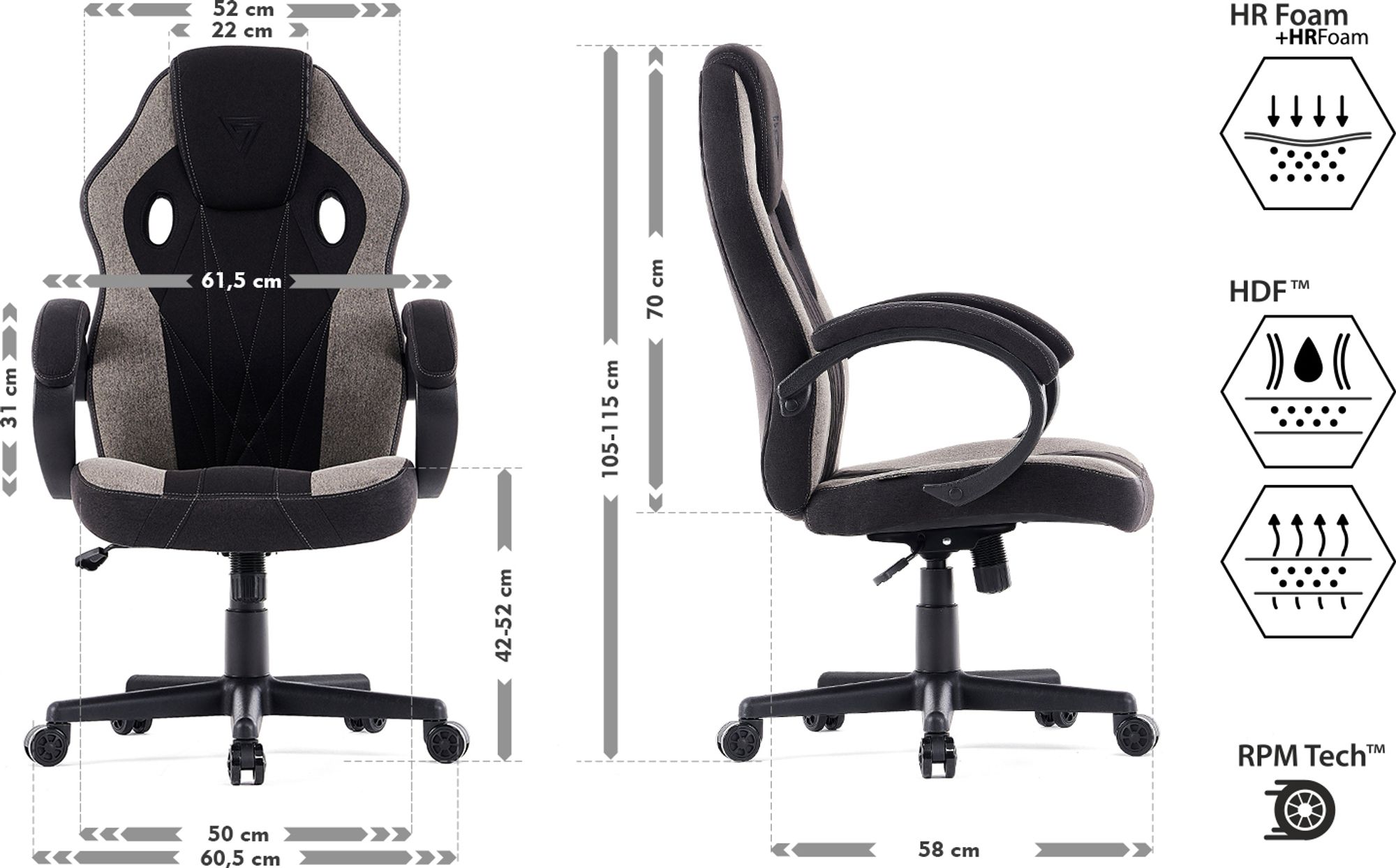 SENSE7 Prism Gaming Stuhl Stoff Schwarz-Grau - Ergonomischer Bürostuhl PC Schreibtischstuhl Zockerst FlowTech™ , HR-Schaum, HDF™-Gewebe