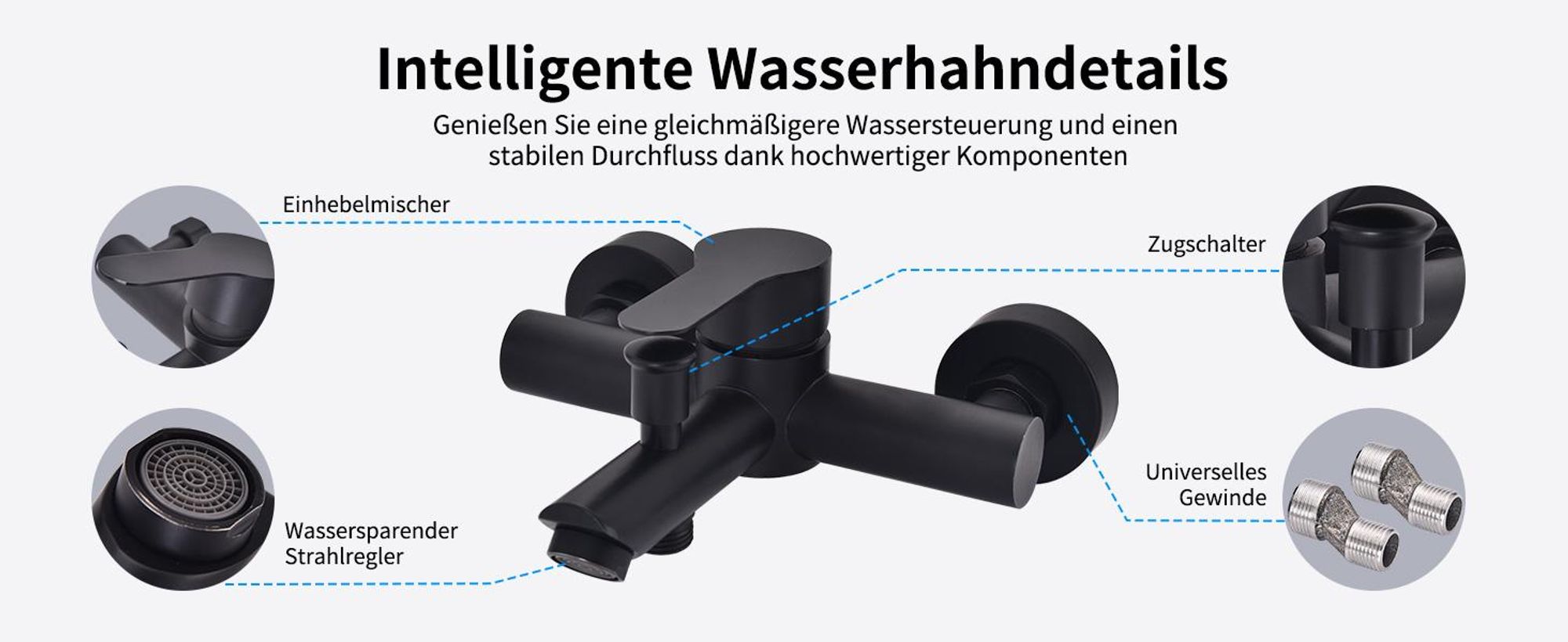 Homelody Badewannenarmatur mit Handbrause, Mischbatterie Badewanne Wandmontage, 2 Ausgänge Einhebelmischer Duscharmatur mit Wanneneinlauf, Schwarz