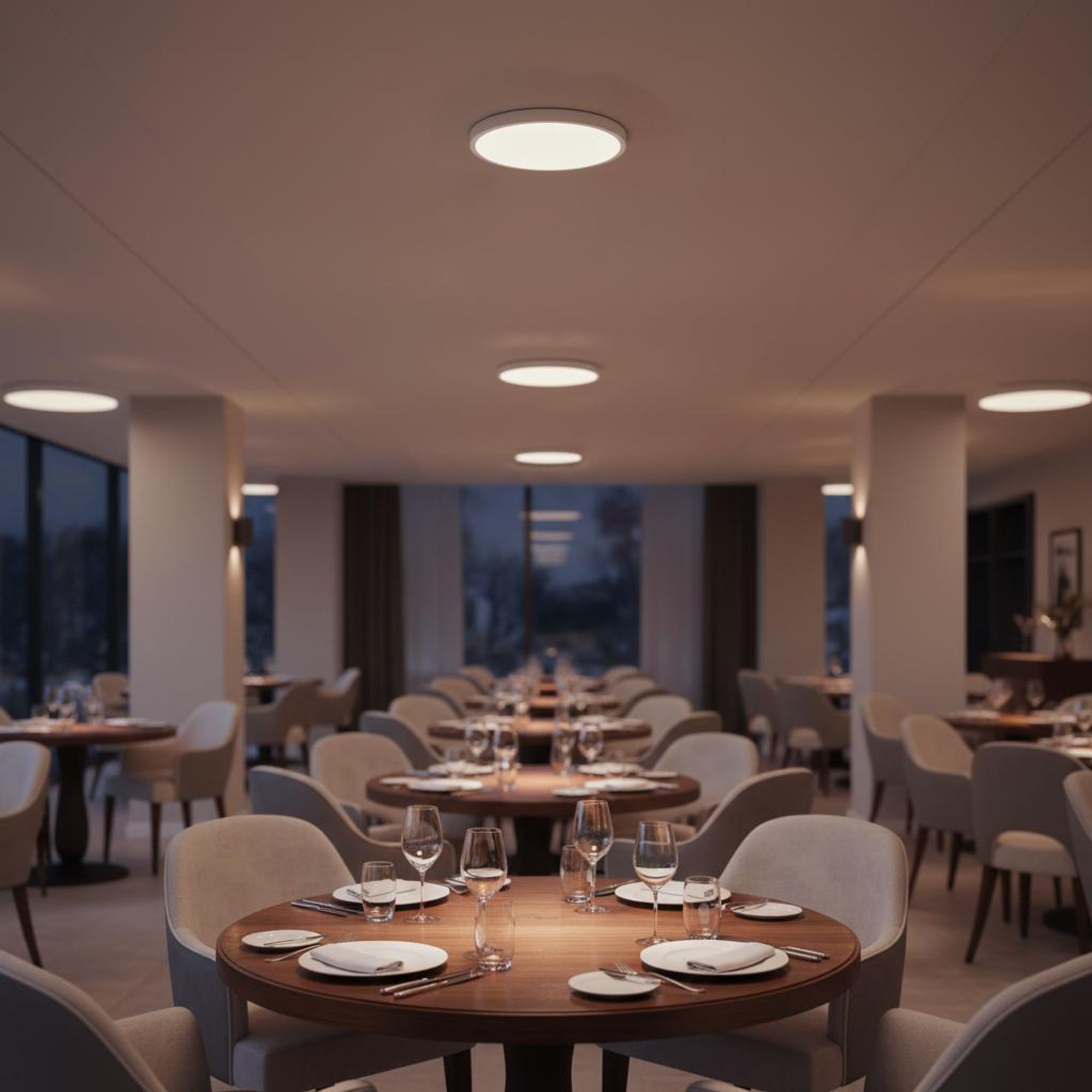 Das Restaurant wird durch installierte Deckenleuchten beleuchtet.