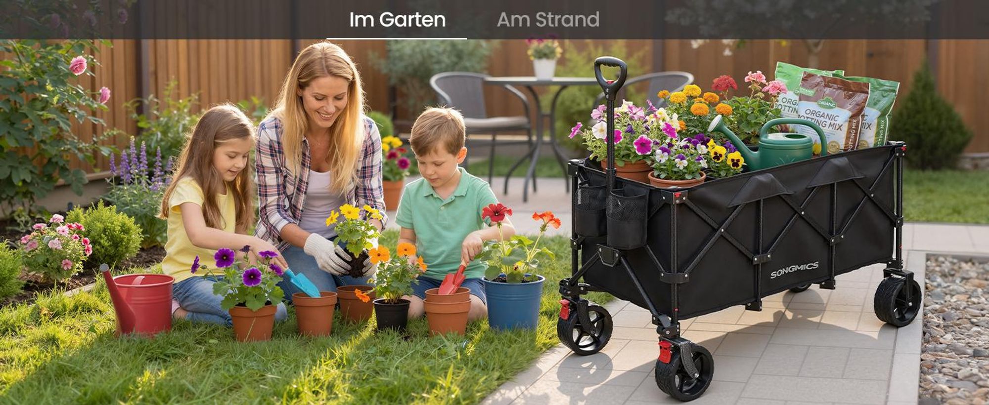 SONGMICS Faltbarer Handwagen mit Griff, Bollerwagen, 4 abnehmbare Rollen, 200 L, bis 150 kg, Outdoor, Garten, schwarz
