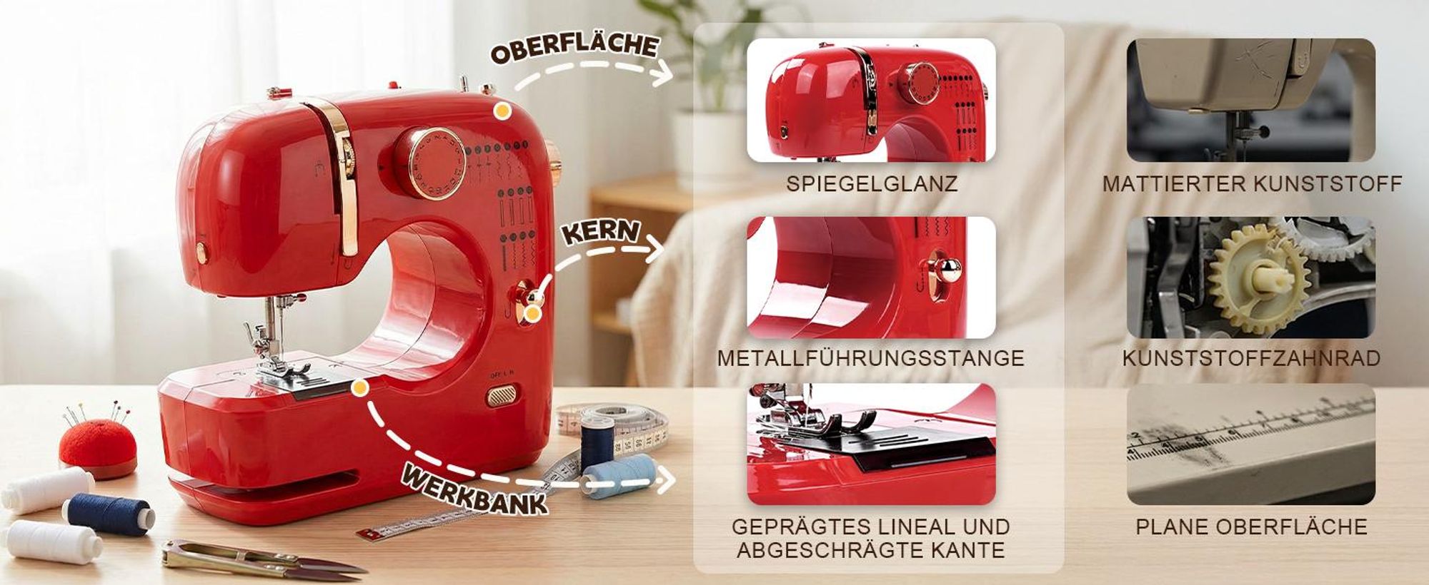 Einfache Nähmaschine für Anfänger mit 16 Stichen, Twin-Nadel, Rückwärtsnähen, automatischem Spulen, Fußpedale, Tragbare Elektrische Nähmaschinen