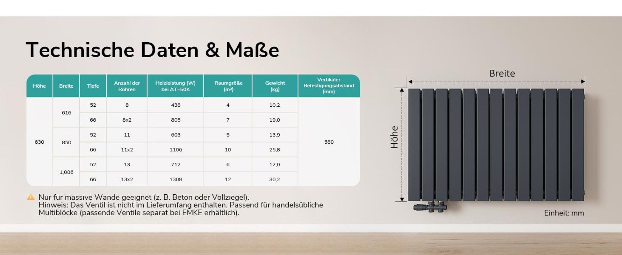 EMKE Heizkörper Flach 63 x 100,6 cm Doppellagig 1308 W Anthrazit Design Paneelheizkörper