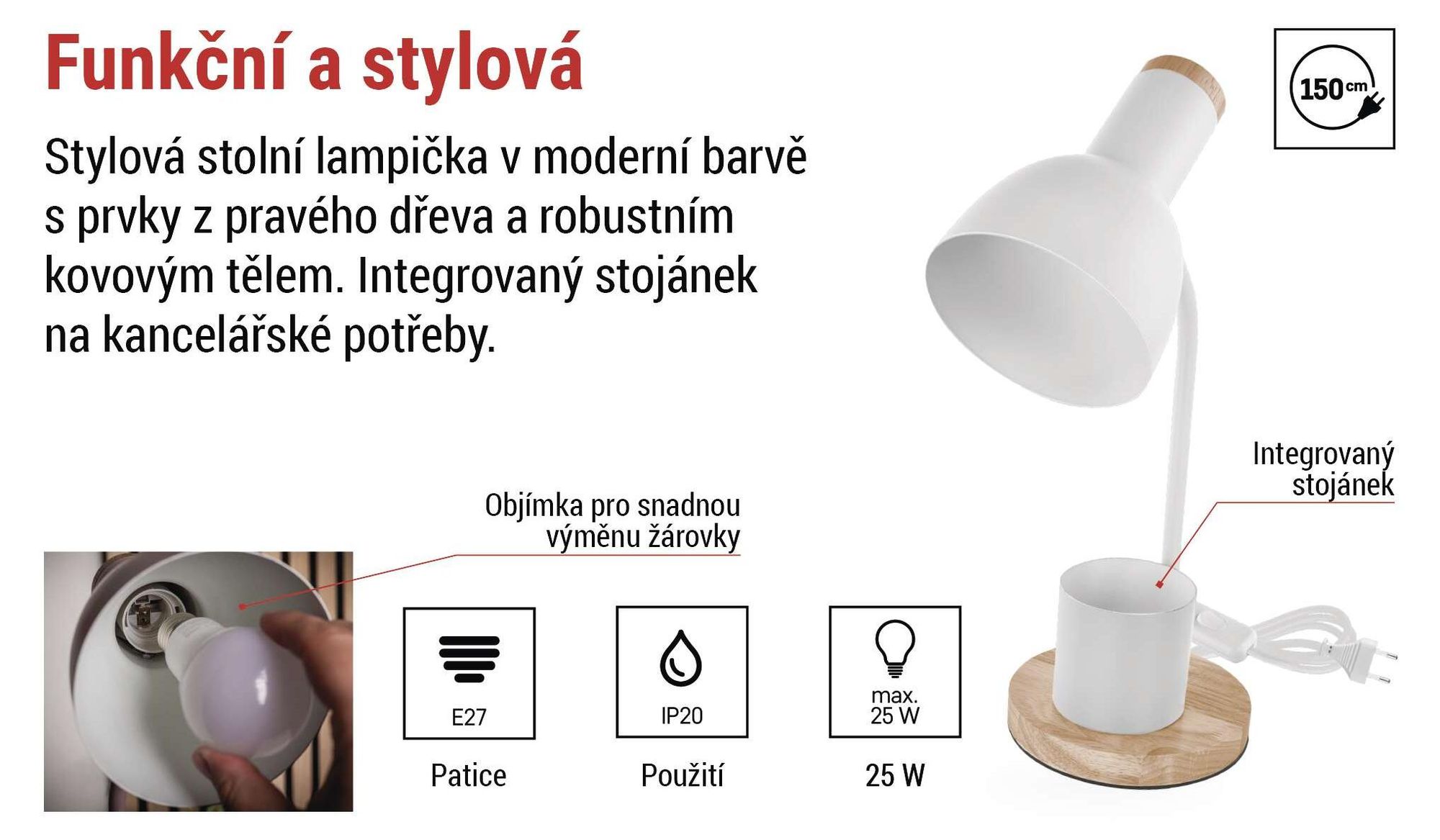 EMOS LED stolní lampa POPPY se stojanem na propisky, závit E27, kabel 1,5 m s vypínačem a eurozástrčkou, bez žárovky, E27 max. 25 W, bílá, Z7640W