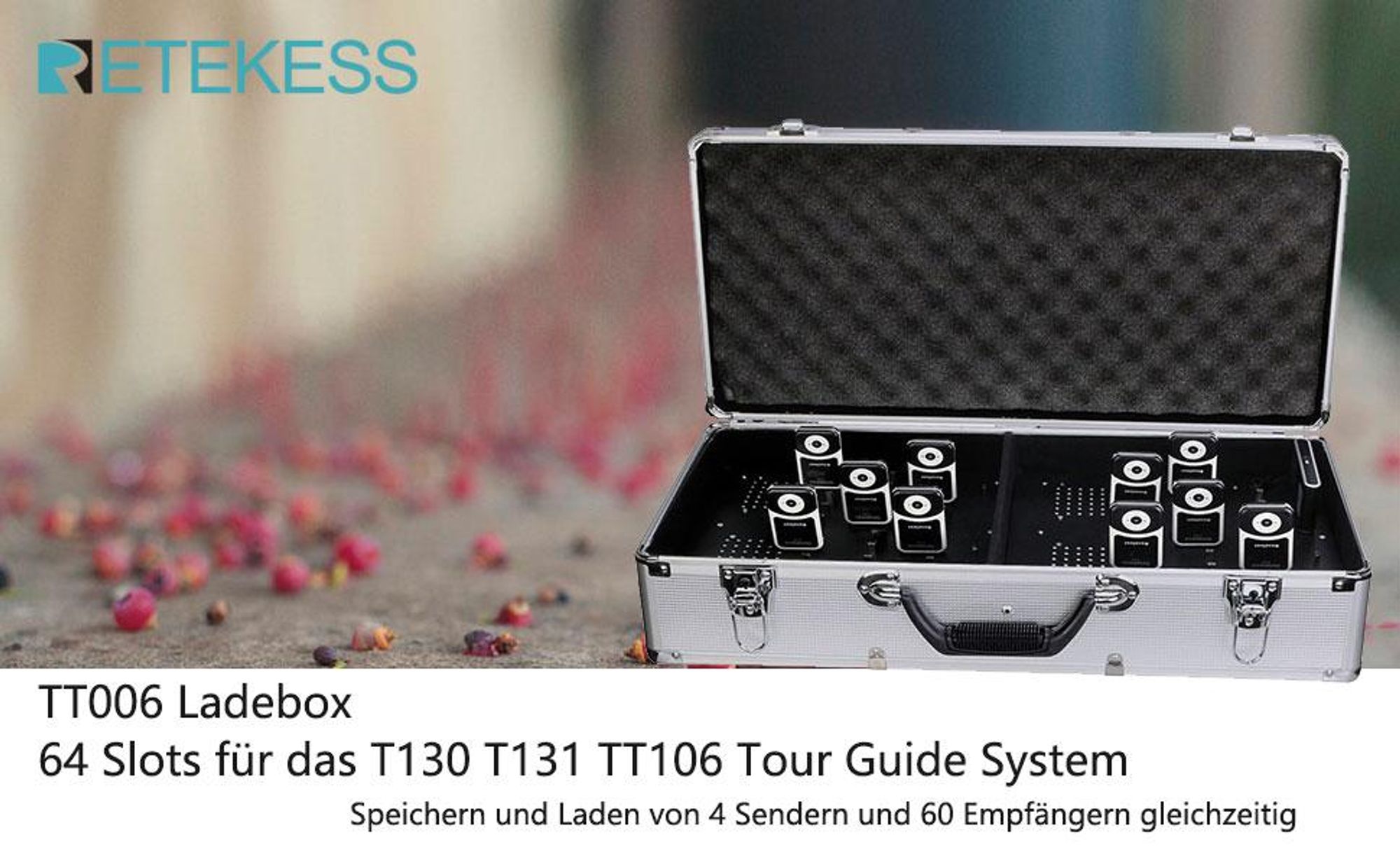 Retekess TT006 Tragbare 64-Positionen-Ladekoffer-Ersatzbox für das drahtlose Reiseleitersystem Retekess T130 T131 TT106