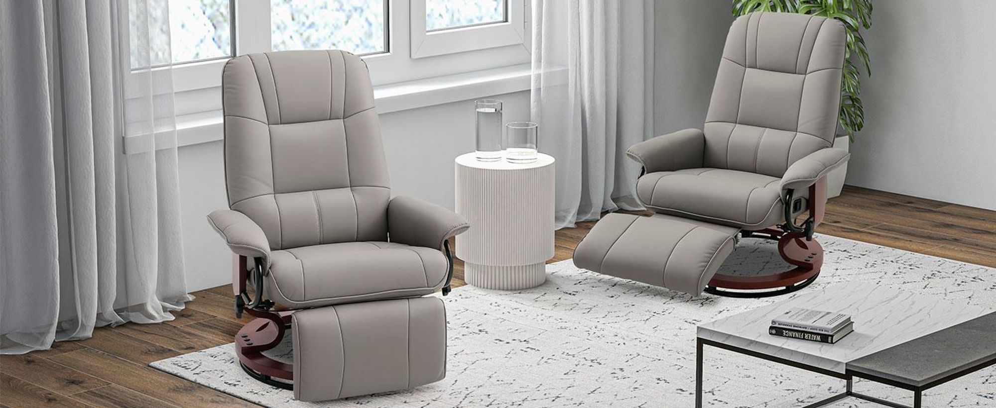 Fotel rozkładany HOMCOM z funkcją odchylania, obrotowy o 360°, z regulowanym oparciem i podnóżkiem, fotel rozkładany, fotel telewizyjny do salonu, sypialni, sztuczna skóra, szary