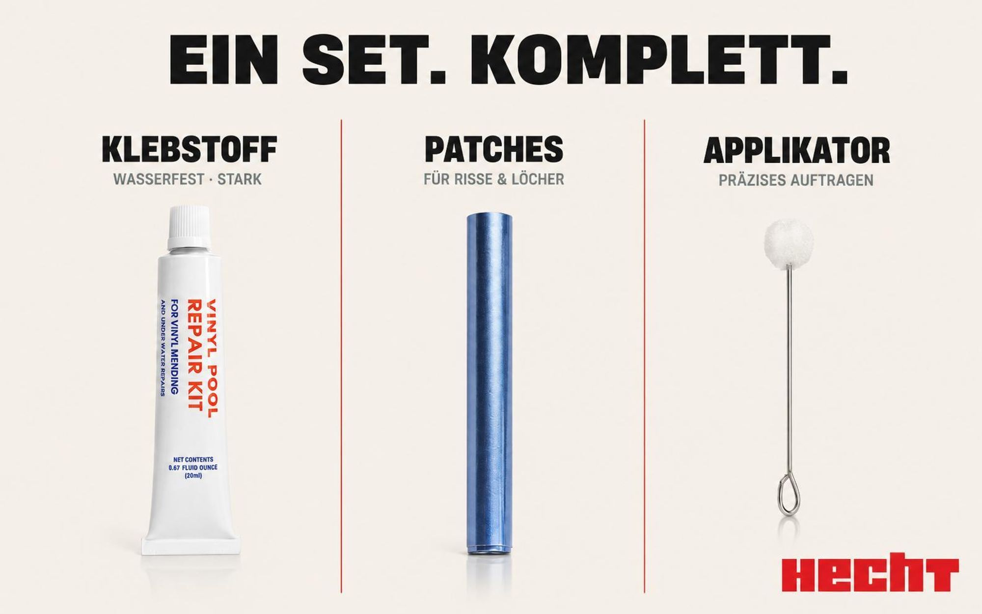 HECHT Pool Reparaturset | Unterwasser-Reparatur für Pools | Inkl. Klebstoff & Patches | Reparatur ohne Wasser ablassen