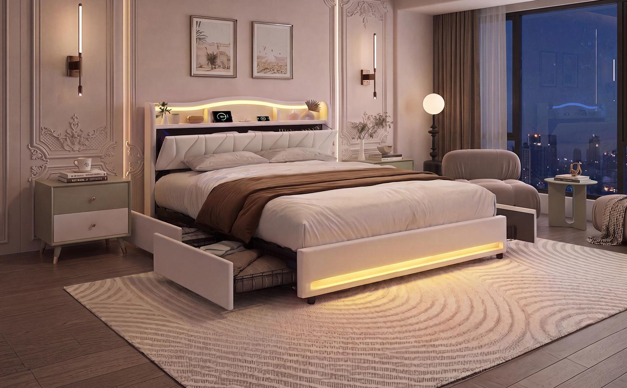 INONEFT Polsterbett 140x200 mit Stauraum Schublade, Doppelbett mit LED & USB, Jugendbett, Bettgestell mit Lattenrost, Stauraumbett, Samt,Beige