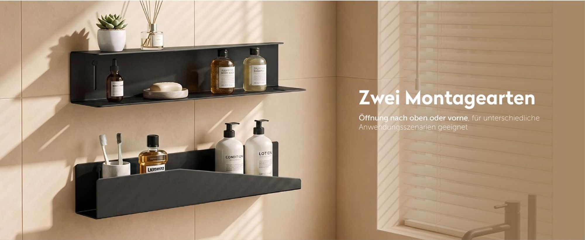 doporro Duschablage ohne Bohren 50 cm, Duschregal Schwarz zum Kleben oder Bohren, rostfreier Badezimmer Organizer , Badewanne & Küche, Reglo-15