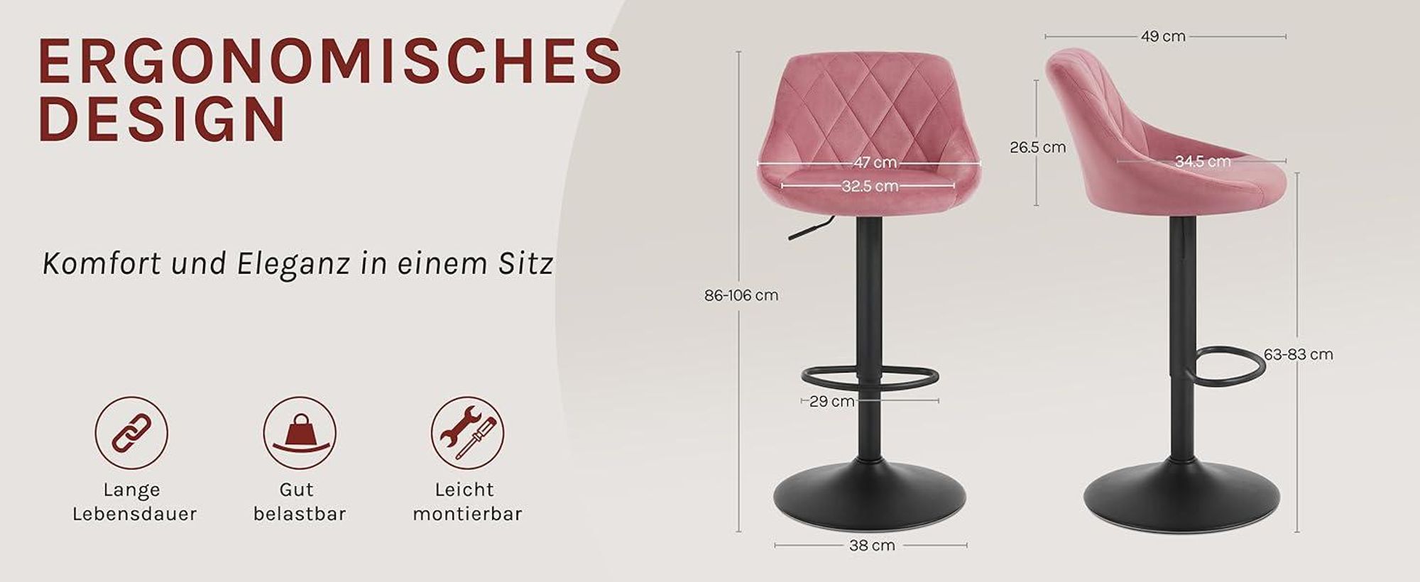WOLTU Barhocker Barstuhl, Gute gepolsterte Sitzfläche aus Samt, Höhenverstellbar, 360° Drehbar, Rosa
