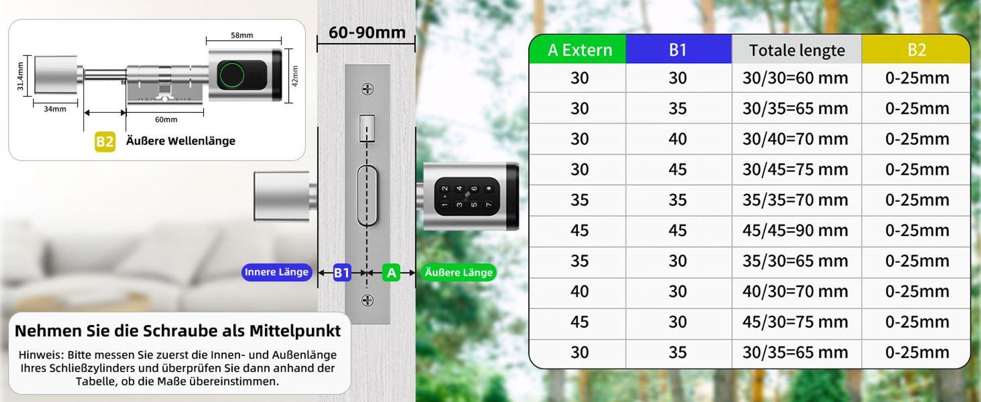 Elektronisches Türschloss mit Fingerabdruck, Schließzylinder verstellbar 60-90mm, Öffnen per PIN-Code, RFID-Karte, Notschlüssel & Tuya App