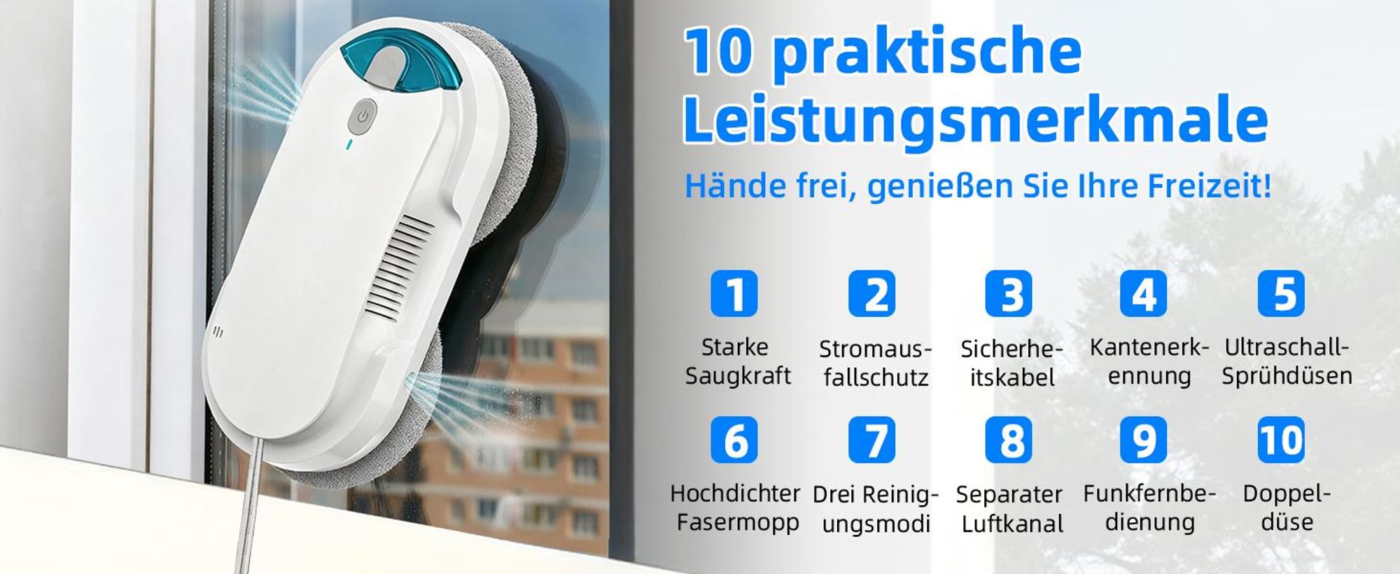 Grenintol Fensterputzroboter mit Sprühfunktion, 3800 Pa Saugleistung, intelligenter Kantenerkennung für Fenster, Spiegel und Glastüren