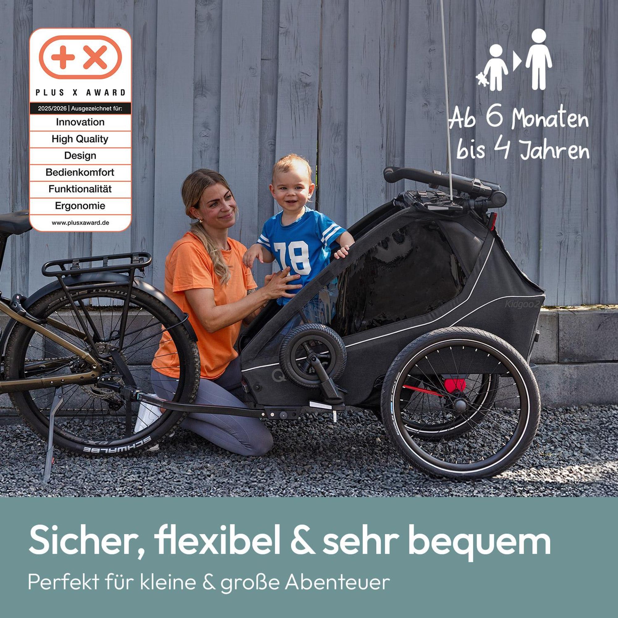 Qeridoo Kidgoo 2 - Kinderfahrradanhänger für 2 Kinder, Farbe: Phantom Grey