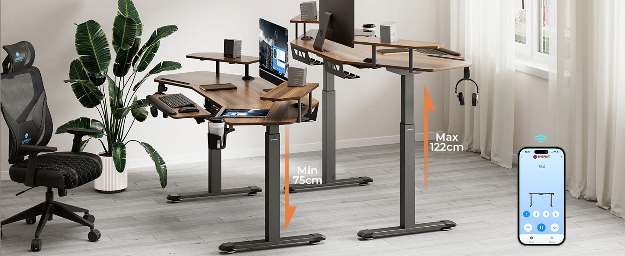 EUREKA ERGONOMIC Elektrisch Computertisch 182×76cm Höhenverstellbarer Schreibtisch Stehpult Gaming Tisch mit Monitorständer und Tastaturablage