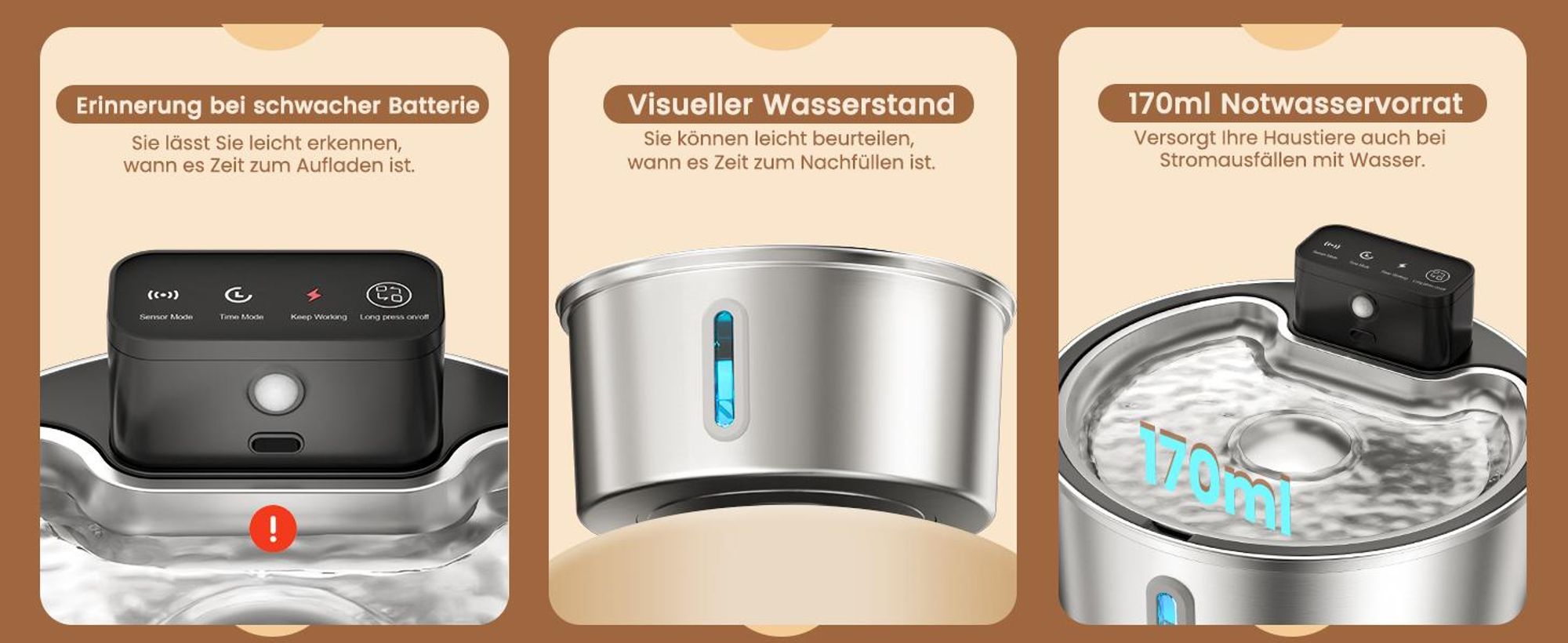 Trinkbrunnen für Katze Kabellos, Haustier Wasserspender, Katzenbrunnen, 3.2L Edelstahl Wasserbrunnen, Automatisch Leise, BPA Frei