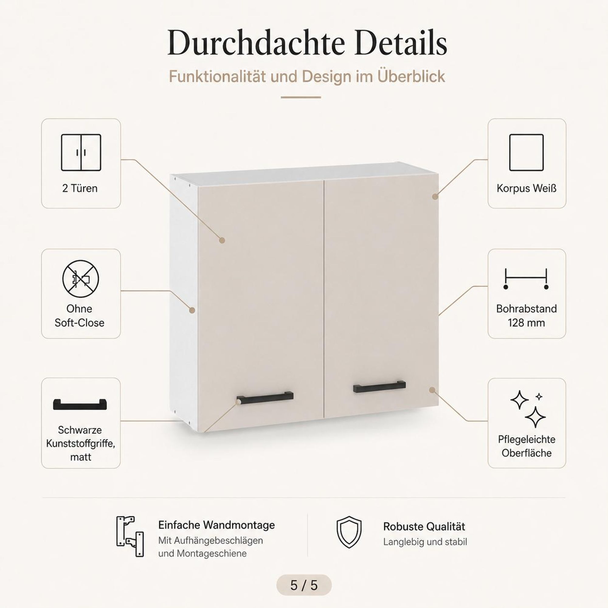 Oberschrank 80 cm Kaschmir. Details zu Griffen, Scharnieren und pflegeleichter Front.