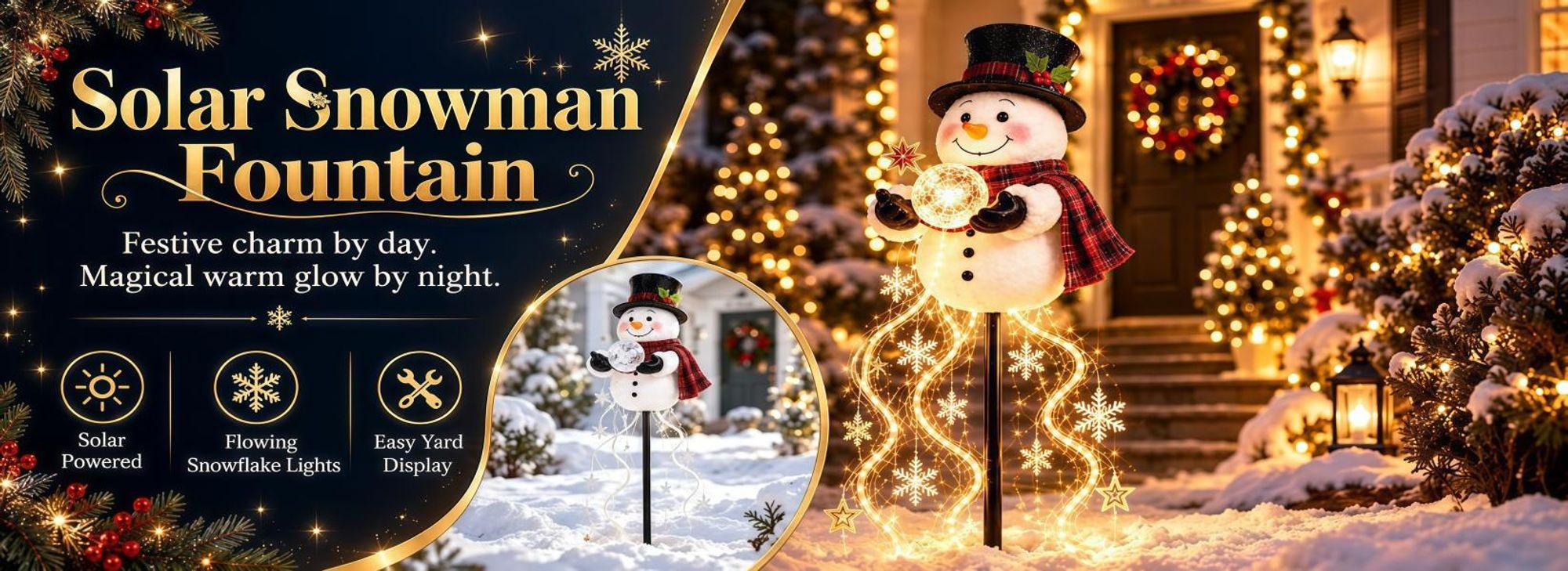 Weihnachts Schneemann Gartenstecker, solarbetrieben, warmweiße LED, Leuchtkugel, Schneeflocken & Sterne, Weihnachtsdeko für Garten, Beet,Terrasse,22cm