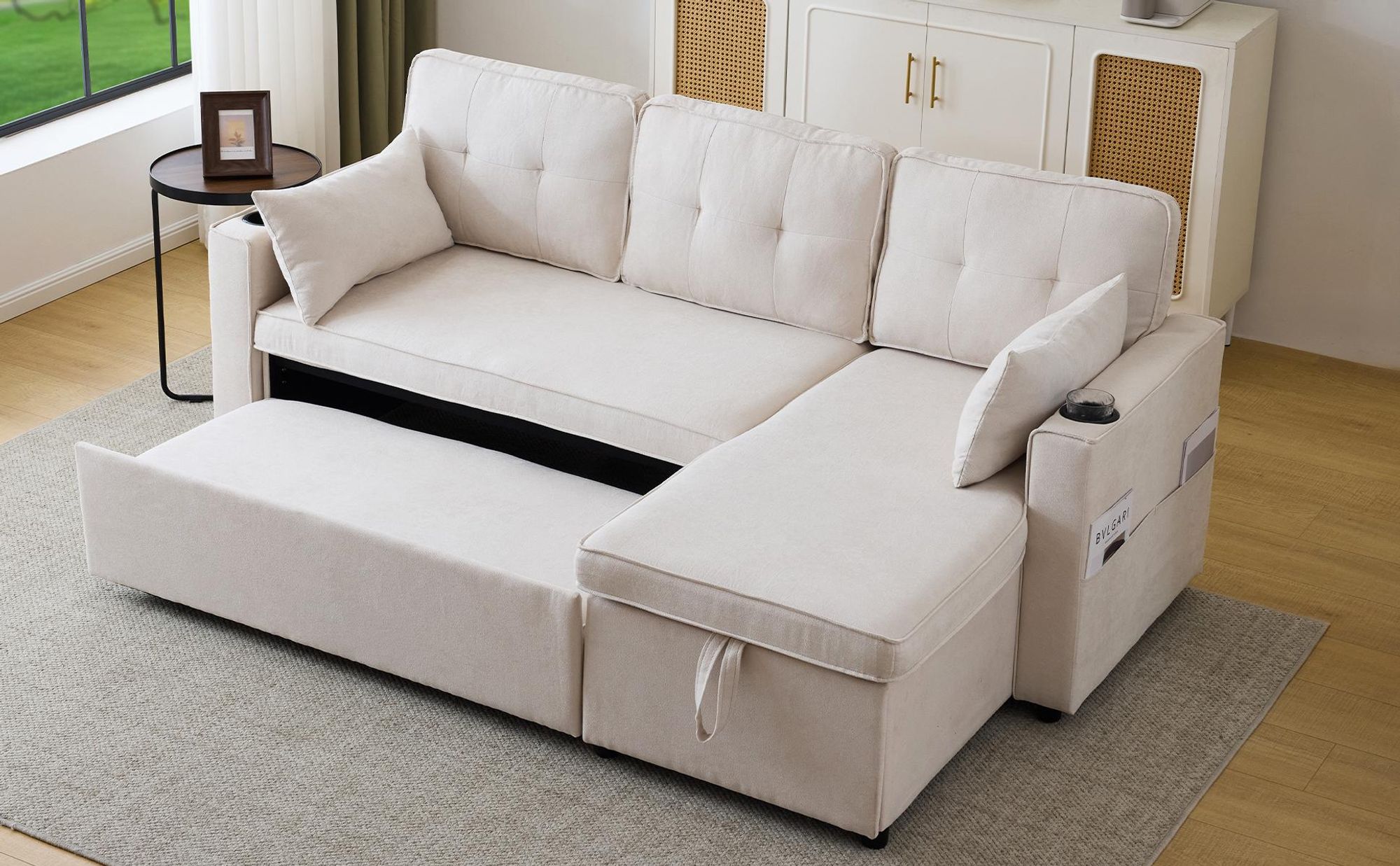 Merax Ecksofa, L-Form Sofa mit Schlaffunktion und Bettkasten, Couch mit Getränkehalter, 3-Sitzer Wohnzimmersofa, Couchgarnitur, Bettsofa, Beige