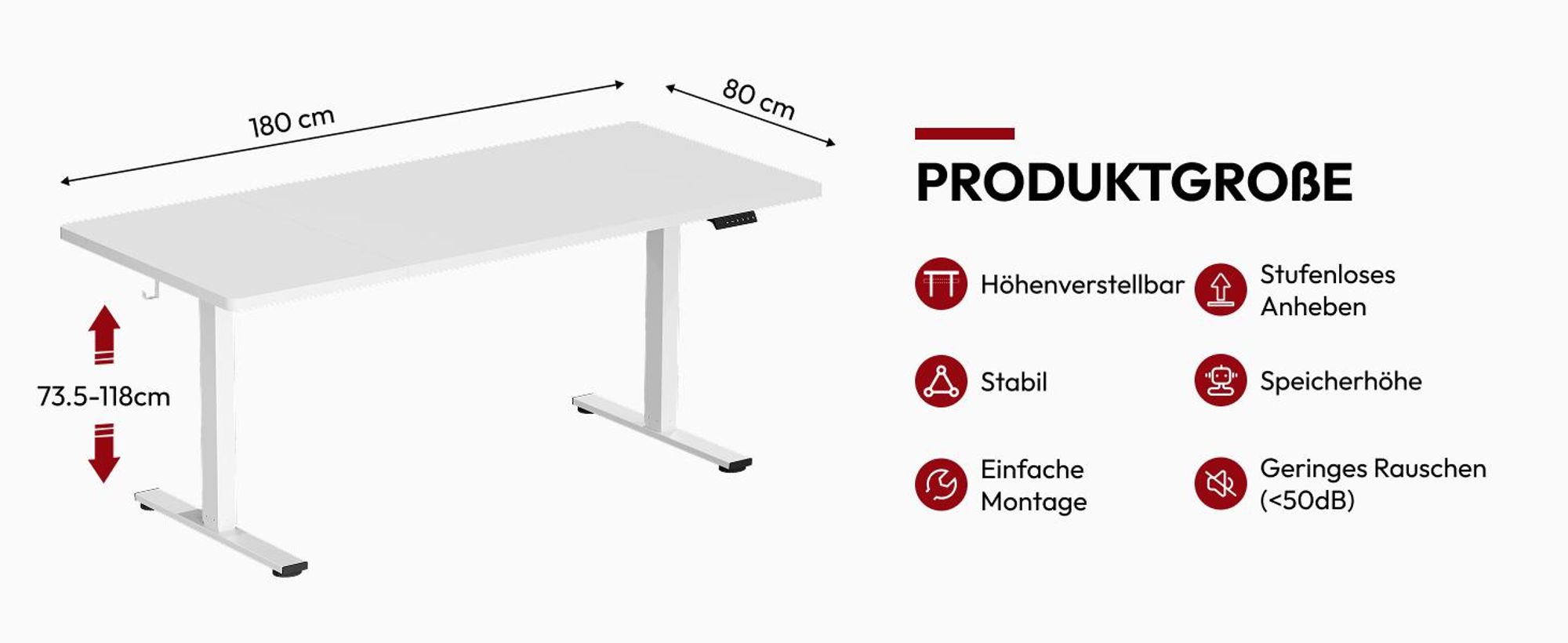 SANODESK Höhenverstellbarer Schreibtisch 180x80cm elektrisch 4 Memory-Funktion, Antikollisionsschutz, 70kg Tragkraft, mit Haken und Ablagebox (Weiß)