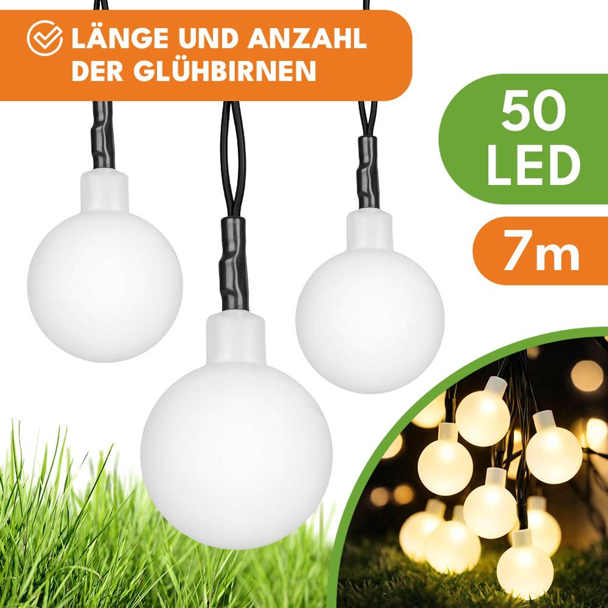 KRUMAD Solar Gartengirlande 50 LED – warmweiße milchige Kugeln – 7 m Solarlichterkette Außen IP65 mit 8 Lichtmodi für Garten, Balkon & Terrasse