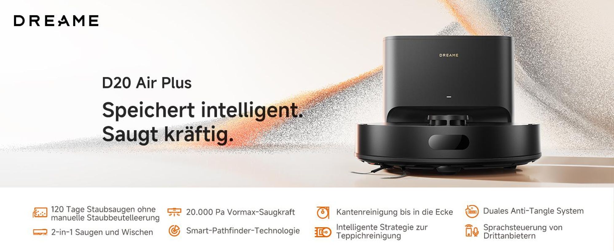 Dreame D20 Air Plus Saug- und Wischroboter mit 20.000Pa Saugkraft,Verwicklungsschutz,selbstentleerendem Dock,Teppich-Tiefenreinigung,Smart-Navigation